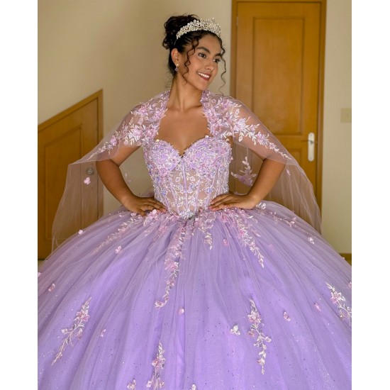 3D Flower Applique Lilac Quinceanera Dress 2024 Ball Gown Corset Mexican Sweet 16 Vestido De 15 Anos With Cape