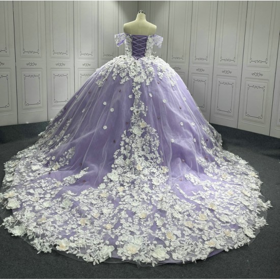 3D Flowers Lavender Quinceanera Dresses for Girls Sweet 15 Gowns Appliques Off Shoulder Vestido De 15 Anos Customised