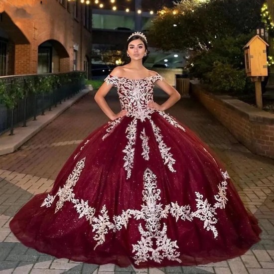 Sparkly Red Off The Shoulder Ball Gown Quinceanera Dress Applique Lace Birthday Prom Dresses For Girl Lace Up Back Graduation