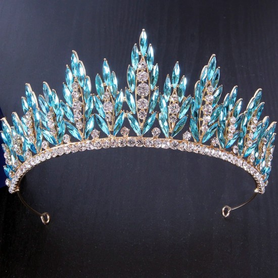 Baroque Blue Crystal Pageant Prom Diadem Bride Headbands Wedding Hair Accessories Rhinestone Geometric Bridal Tiaras Crown 