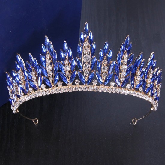 Baroque Blue Crystal Pageant Prom Diadem Bride Headbands Wedding Hair Accessories Rhinestone Geometric Bridal Tiaras Crown 