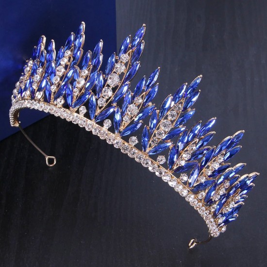 Baroque Blue Crystal Pageant Prom Diadem Bride Headbands Wedding Hair Accessories Rhinestone Geometric Bridal Tiaras Crown 