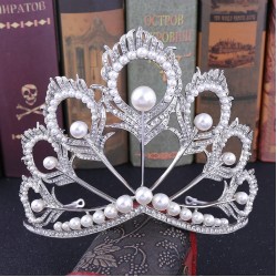 Baroque Crystal Crowns Peacock Feather Pearl Rhinestone White Tiaras Bridal Wedding Hairband Hair Accessories Jewelry