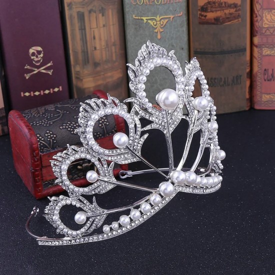 Baroque Crystal Crowns Peacock Feather Pearl Rhinestone White Tiaras Bridal Wedding Hairband Hair Accessories Jewelry