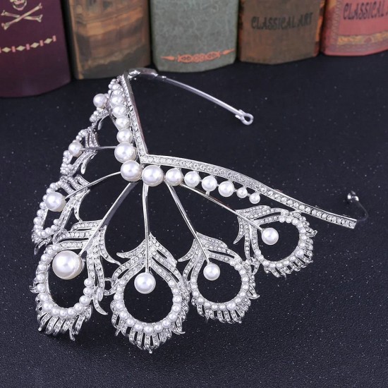 Baroque Crystal Crowns Peacock Feather Pearl Rhinestone White Tiaras Bridal Wedding Hairband Hair Accessories Jewelry