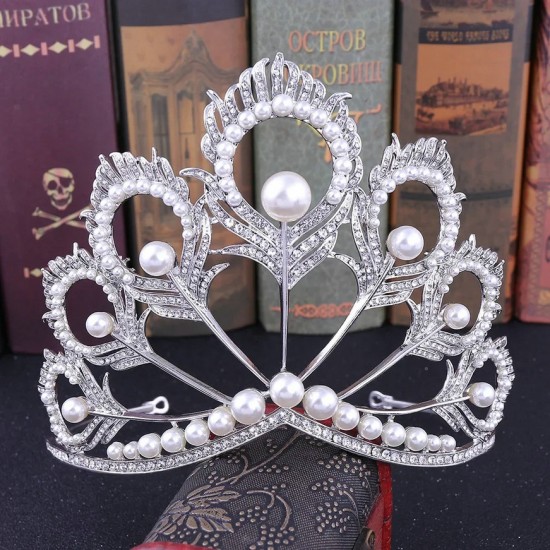 Baroque Crystal Crowns Peacock Feather Pearl Rhinestone White Tiaras Bridal Wedding Hairband Hair Accessories Jewelry