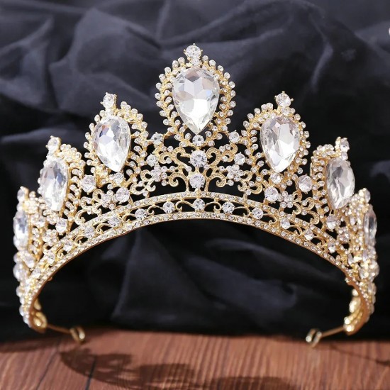 Baroque Gold Color Green Crown Hair Accessories Luxury Big Crystal Tiara For Women Wedding Headdress Bridal Pageant Hair Jewelry