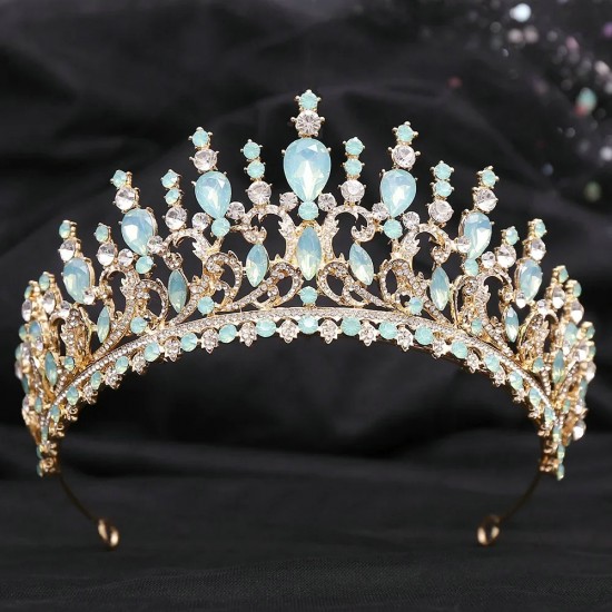 Baroque Green Opal Crystal Bridal Crowns Wedding Headband Tiaras Hair Jewelry Accessories Women Rhinestone Headwear Queen Diadem