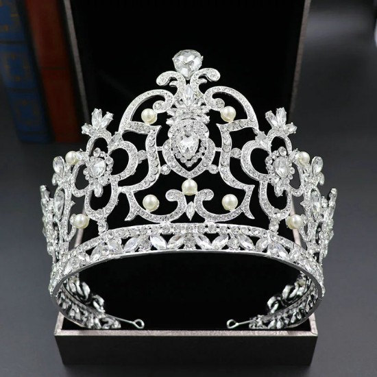 Baroque Luxury Crystal Large Crown Hair Accessories Tiara For Women Party Rhinestone Bridal Crown Hair Jewelry Diadems Headdress