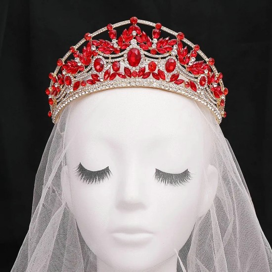 Baroque Luxury Red Crystal Crown Hair Accessories Tiara For Women Party Rhinestone Bridal Crown Hair Jewelry Diadems Headdress