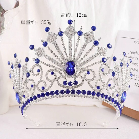 Baroque Silvercolor Blue Crown Hair Accessories Luxury Big Crystal Tiara For Women Wedding Headdress Bridal Pageant Hair Jewelry