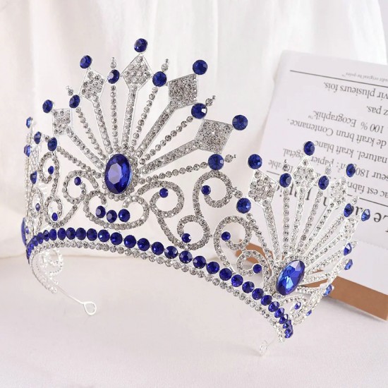 Baroque Silvercolor Blue Crown Hair Accessories Luxury Big Crystal Tiara For Women Wedding Headdress Bridal Pageant Hair Jewelry