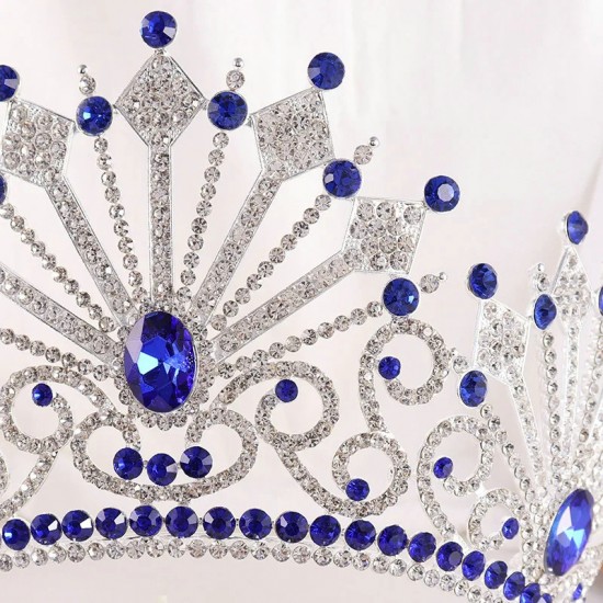 Baroque Silvercolor Blue Crown Hair Accessories Luxury Big Crystal Tiara For Women Wedding Headdress Bridal Pageant Hair Jewelry