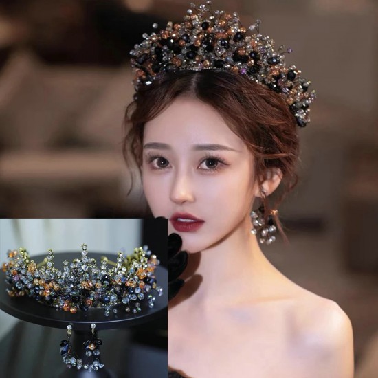 Baroque Women Black Purple Crown Crystal Handmade Beaded Rhinestone Tiaras Bridal Wedding Party Banquet Dress Hair Accessories