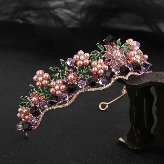 Baroque Women Purple Crown Purple Crystal Handmade Beaded Rhinestone Tiaras Bridal Wedding Party Banquet Dress Hair Accessories