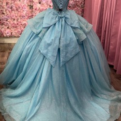 Beaded Blue Floral Ball Gown Sequin Quinceanera Sweet 16 Dresses Cape Sleeve Vestidos De 15 Anos