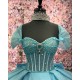 Beaded Blue Floral Ball Gown Sequin Quinceanera Sweet 16 Dresses Cape Sleeve Vestidos De 15 Anos