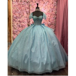 Beaded Blue Floral Ball Gown Sequin Quinceanera Sweet 16 Dresses Cape Sleeve Vestidos De 15 Anos