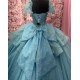 Beaded Blue Floral Ball Gown Sequin Quinceanera Sweet 16 Dresses Cape Sleeve Vestidos De 15 Anos