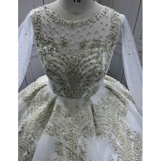 Cap Sleeve Wedding Dresses Pearl Crystal Bridal Gown Lace Appliques Wedding Gowns robe mariage