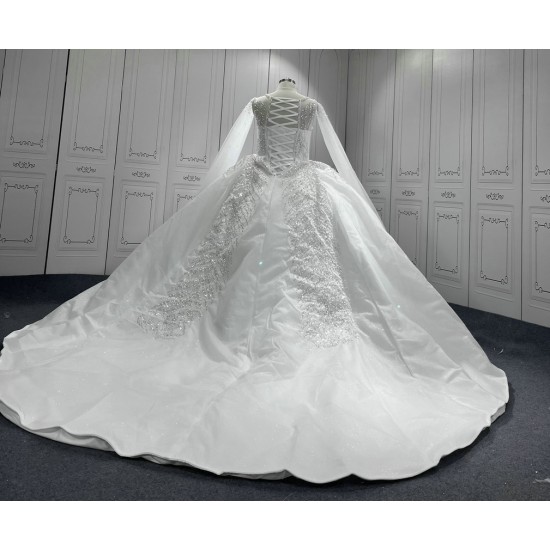 Cape Sleeve Wedding Dresses Long Sleeves Crystal Bridal Dresses Floor Length Wedding Gowns