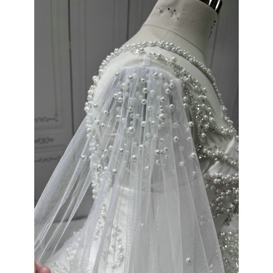 Cape Sleeve Wedding Dresses Long Sleeves Crystal Bridal Dresses Floor Length Wedding Gowns