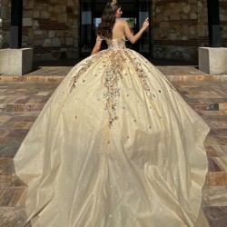 2024 Champagne Quinceanera Dresses Sweetheart Neck Ball Gown Princess Dress Lace Appliques Sweet 15 Prom Party Dress