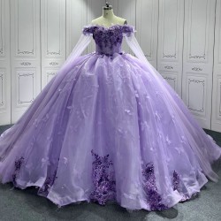 Customized Appliques Princess Lavender Quinceanera Dresses 2024 Cape Sleeves Ball Gown Party Dress For Sweet 15 16