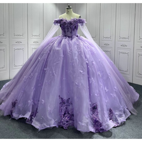 Customized Appliques Princess Lavender Quinceanera Dresses 2024 Cape Sleeves Ball Gown Party Dress For Sweet 15 16