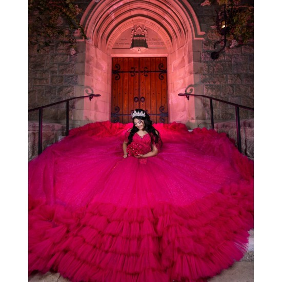 Customized Hot Pink Quinceanera Dress Tiered Ball Gown Gold Lace Applique Sweet 16 Vestidos De 15 Anos