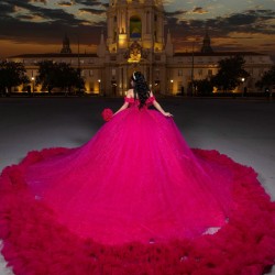 Customized Hot Pink Quinceanera Dress Tiered Ball Gown Gold Lace Applique Sweet 16 Vestidos De 15 Anos