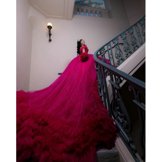 Customized Hot Pink Quinceanera Dress Tiered Ball Gown Gold Lace Applique Sweet 16 Vestidos De 15 Anos