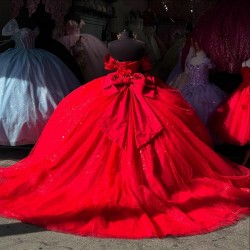 Customized Red Quinceanera Dress Ball Gown Floral Applique Beading Bow Corset Sweet 16 Vestidos De 15 Anos