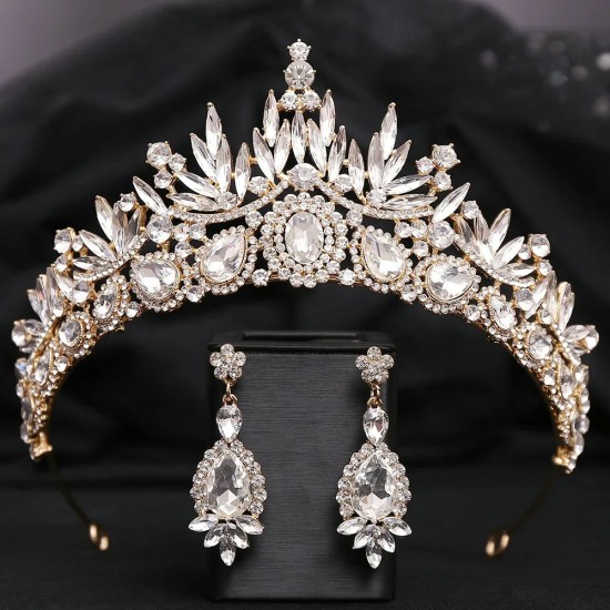 Elegant Crystal Crown Handmade Rhinestone Tiaras Earrings Sets for Women Bridal Wedding Champagne Crowns and Tiara Sets