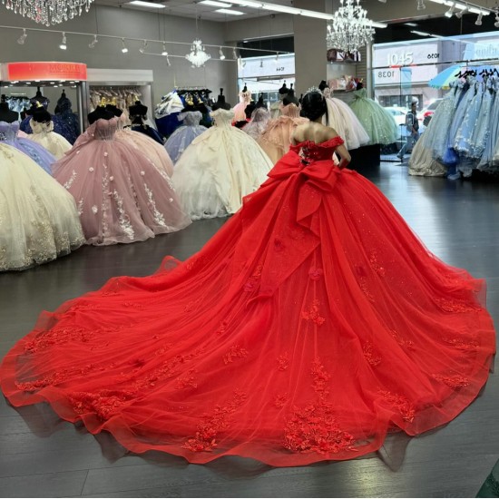 Elegant Red Quinceanera Dress Women Tulle Ball Gown Off The Shoulder Prom Dress 3D Flowers Sweet 16 Dress