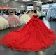 Elegant Red Quinceanera Dress Women Tulle Ball Gown Off The Shoulder Prom Dress 3D Flowers Sweet 16 Dress