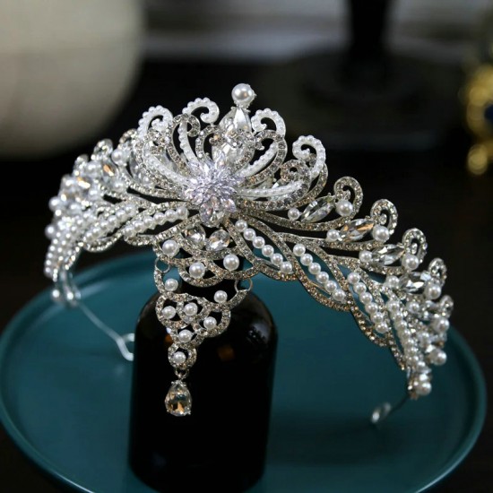 Elegant Wedding Hair Tiara Pearl Rhinestone Luxury Fashion Bridal Crown Diadem Headband Hair Accessories Headdress Head Jewelr