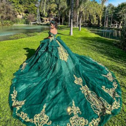 Off Shoulder Vestidos De 15 Anos Emerald Green Quinceanera Dress Lace Appliques Wear Pageant With Bow