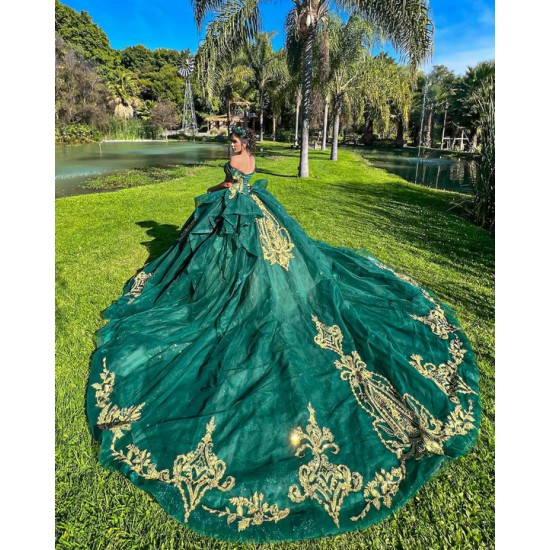 Off Shoulder Vestidos De 15 Anos Emerald Green Quinceanera Dress Lace Appliques Wear Pageant With Bow