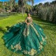 Off Shoulder Vestidos De 15 Anos Emerald Green Quinceanera Dress Lace Appliques Wear Pageant With Bow