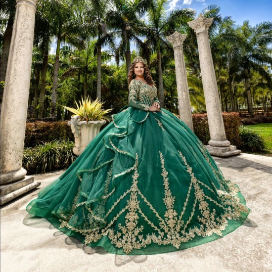 Fashion Emerald Green Quinceanera Dresses Long Sleeve Formal Party Gowns Sweetheart Sequined Lace Applique Ball Gown Prom