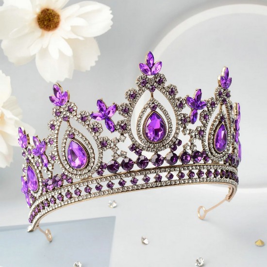 Fashion Luxury Purple Rhinestone Bridal Tiaras Crown Baroque Crystal Pageant Prom Diadem Bride Headband Wedding Hair Accessories