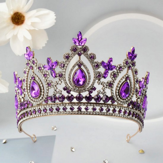 Fashion Luxury Purple Rhinestone Bridal Tiaras Crown Baroque Crystal Pageant Prom Diadem Bride Headband Wedding Hair Accessories