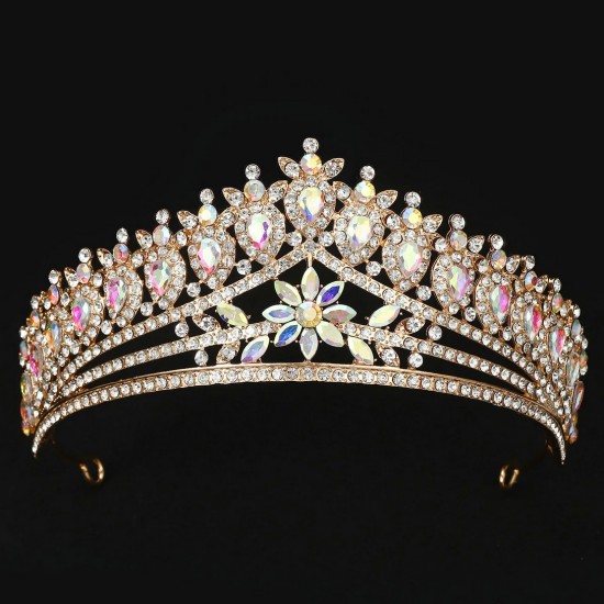 Fashion Pink Rhinestone Geometric Bridal Tiaras Crown Baroque Crystal Pageant Diadem Bride Headbands Wedding Hair Accessories