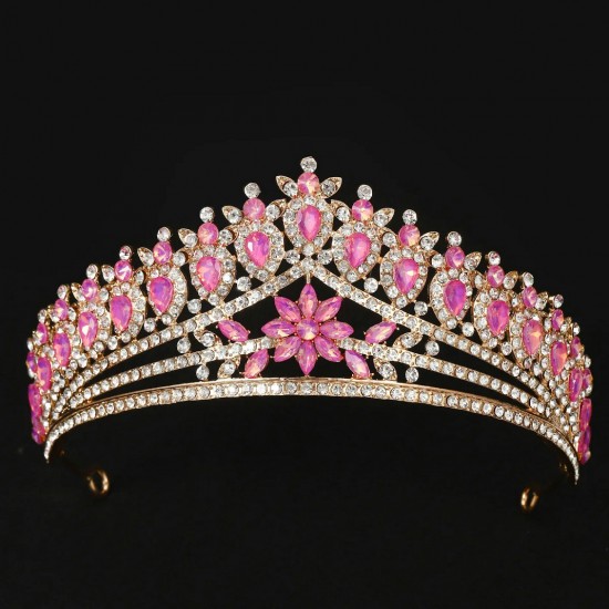 Fashion Pink Rhinestone Geometric Bridal Tiaras Crown Baroque Crystal Pageant Diadem Bride Headbands Wedding Hair Accessories