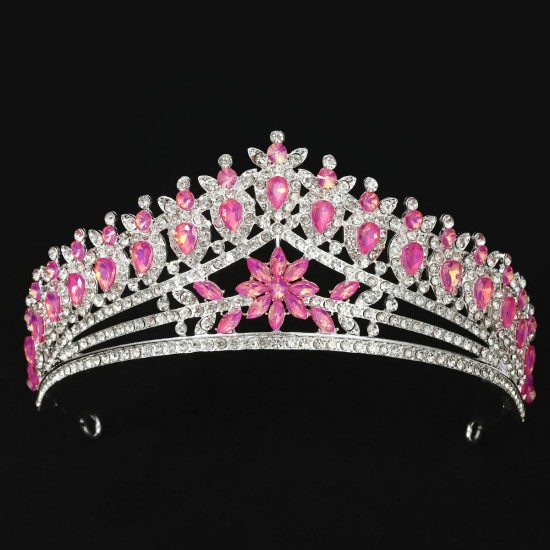 Fashion Pink Rhinestone Geometric Bridal Tiaras Crown Baroque Crystal Pageant Diadem Bride Headbands Wedding Hair Accessories