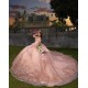 Glitter Rose Gold Quinceanera Dress Ball Gown Lace Applique Beading Crystal Corset Sweet 16 Vestido De 15 Anos