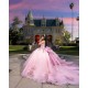 Glittering Pink Quinceanera Dresses Floral Applique Lace Off Shoulder Vestidos De 15 Anos Customized