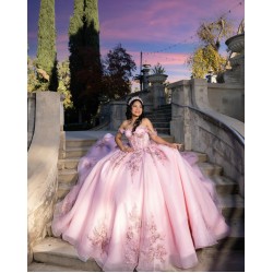 Glittering Pink Quinceanera Dresses Floral Applique Lace Off Shoulder Vestidos De 15 Anos Customized