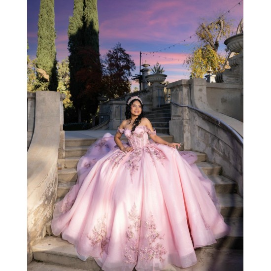 Glittering Pink Quinceanera Dresses Floral Applique Lace Off Shoulder Vestidos De 15 Anos Customized